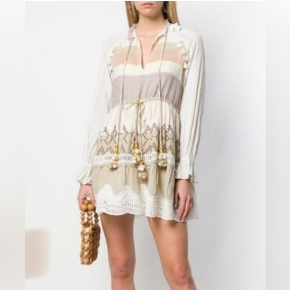 HEMANT & NANDITA Mana Embr Bohemian Tassel Tie Mini Dress M MSRP $330 NWOT